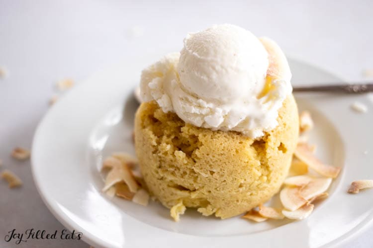 plate with keto coconut flour mug cake and ice cream