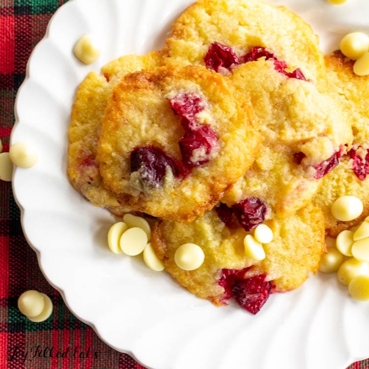 plate of keto white chocolate cookies with cranberries