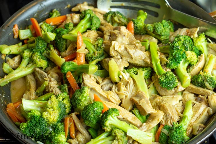 chicken and veggies in sauce in skillet