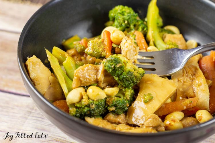 bite of chicken and broccoli on fork