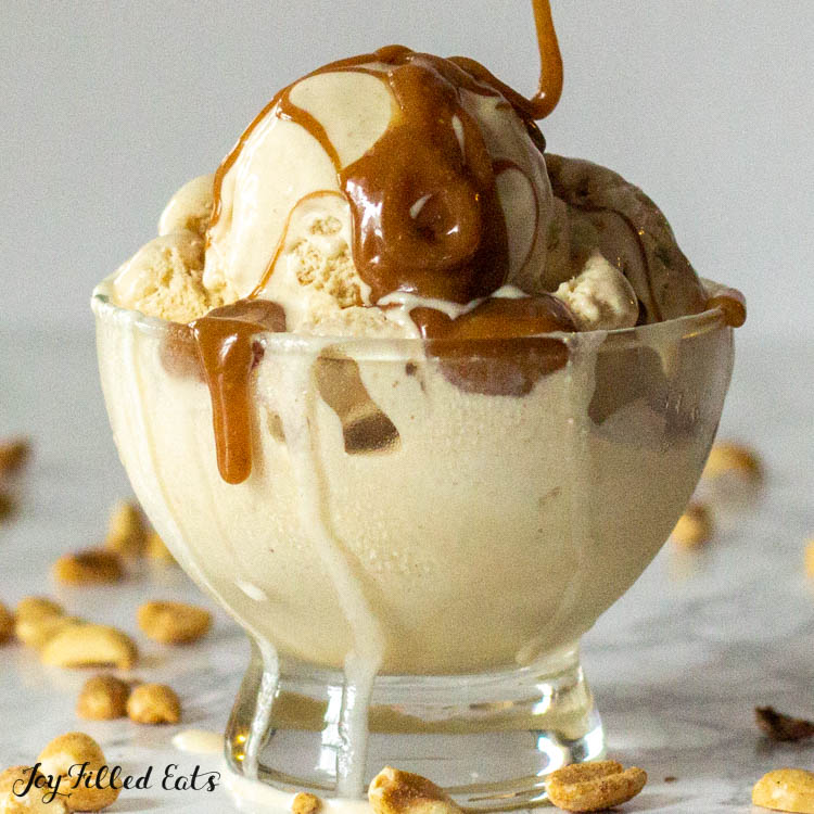keto peanut butter ice cream topped with caramel