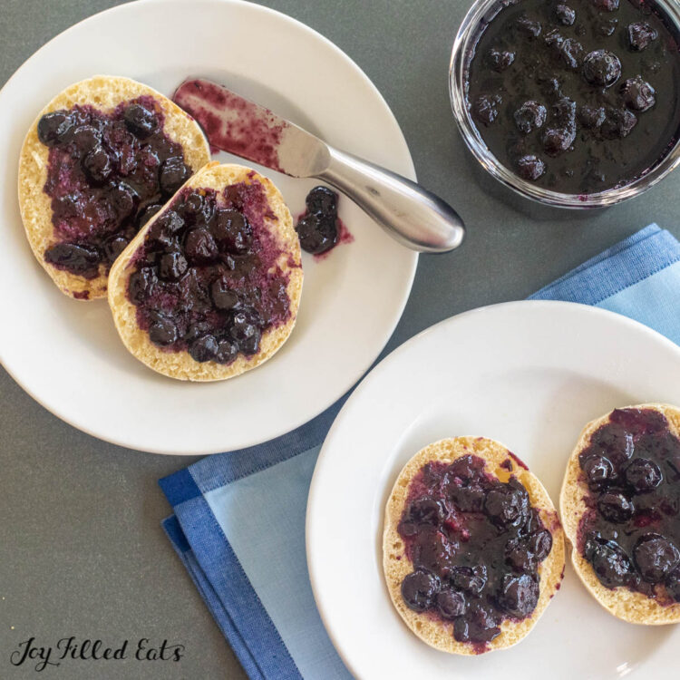 overhead shot of sugar free blueberry jam on english muffins