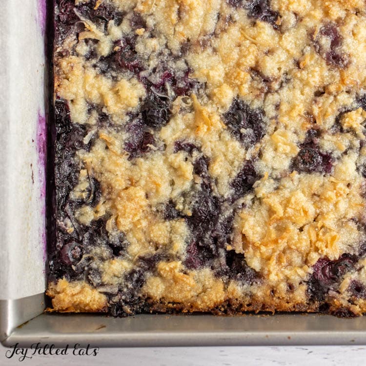 baked keto blueberry pie bars in pan