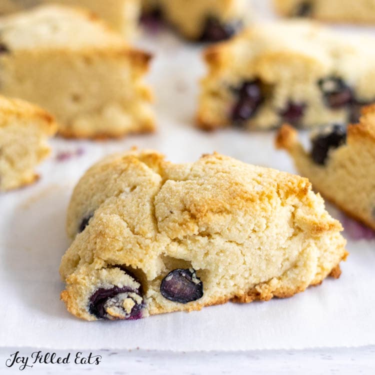 close up of one of the keto blueberry scones