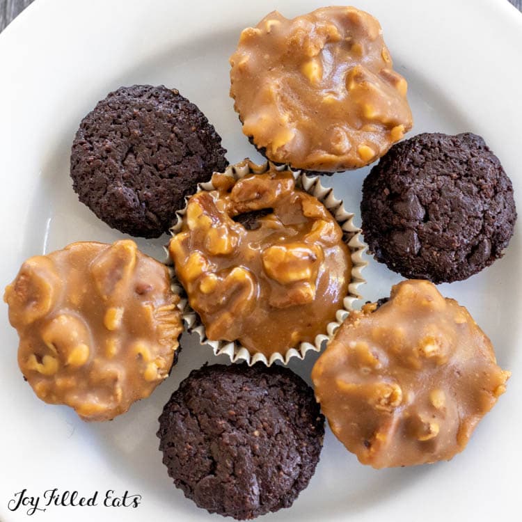 plate of keto brownie bites with and without caramel nut topping