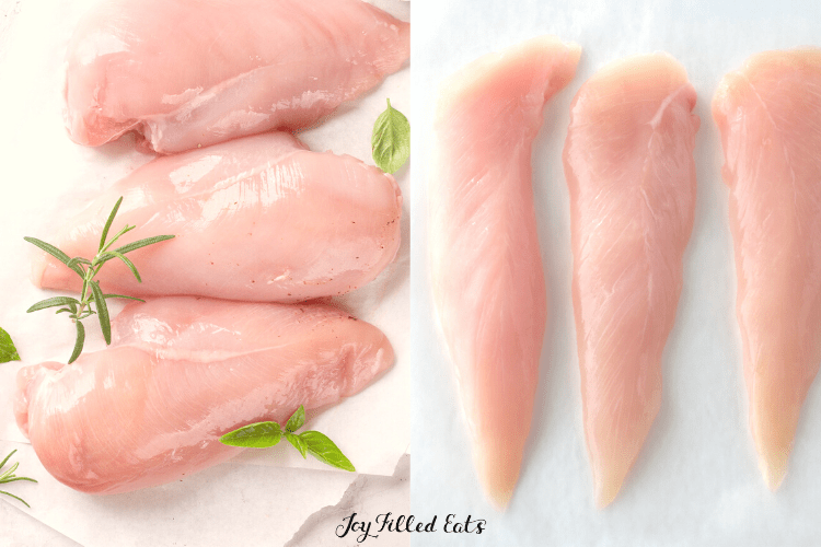 raw chicken breasts and raw chicken tenderloins on white backgrounds
