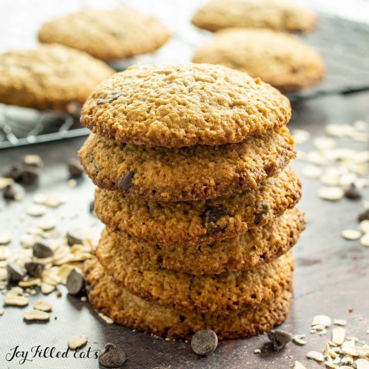 close up on stack of oat flour chocolate chip cookies