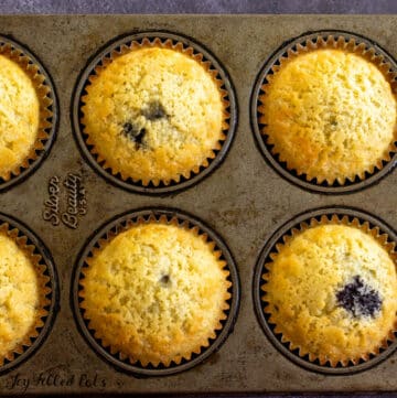 baked protein blueberry muffins in pan