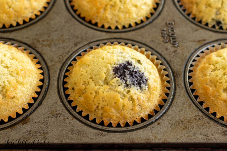 blueberry protein muffins in pan