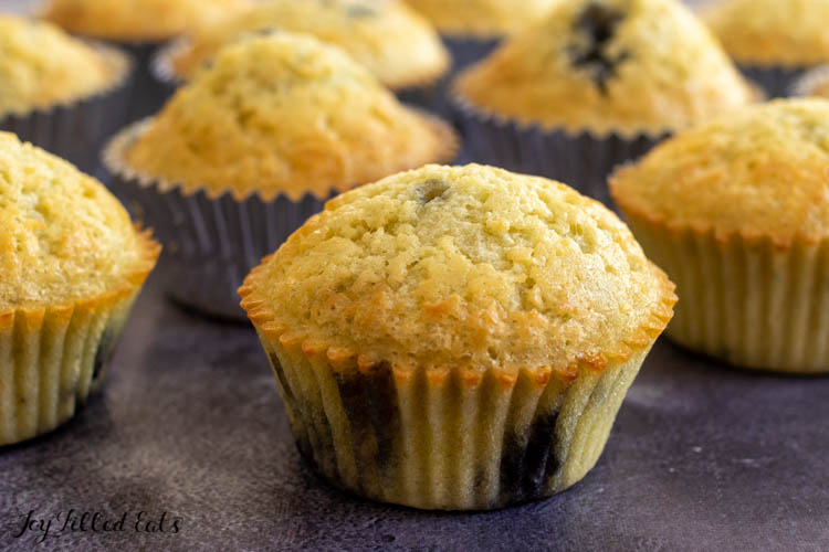 side view of blueberry protein muffins without liners