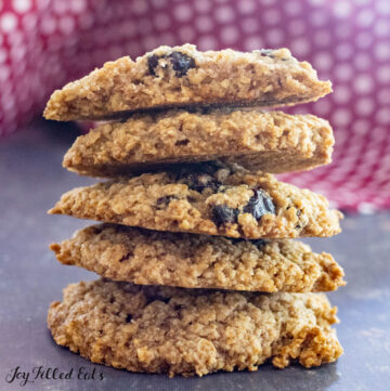 close up stack of almond flour oatmeal cookies