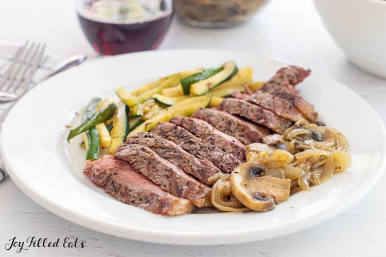 plated steak with caramelized onions and mushrooms