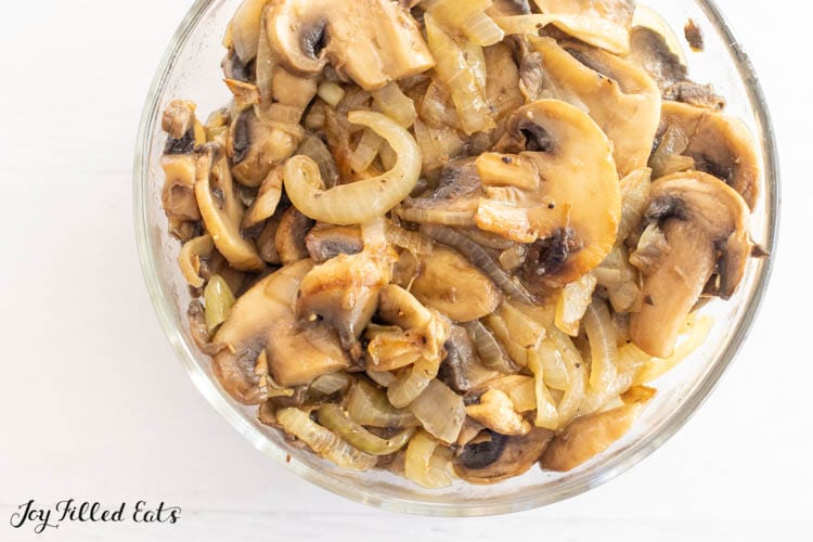 overhead shot of caramelized onions and mushrooms