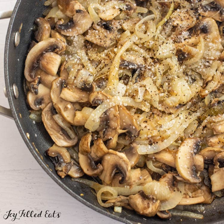 caramelized onions and mushrooms in skillet