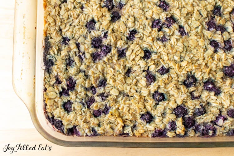 overhead shot of baked oatmeal with blueberries