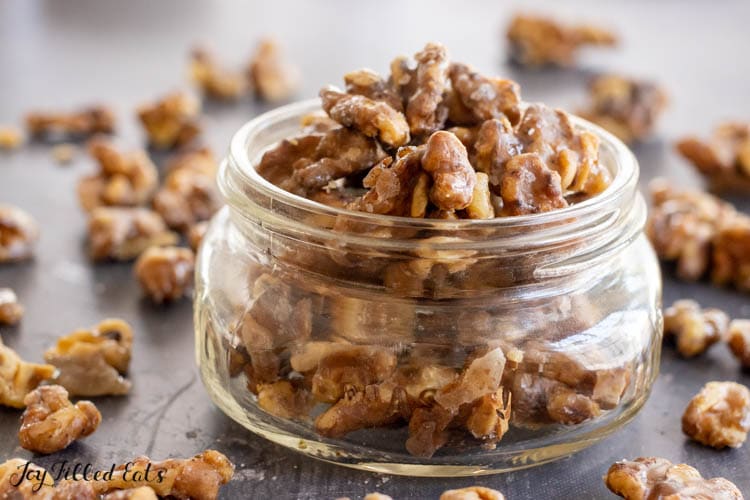 small jar of keto candied walnuts