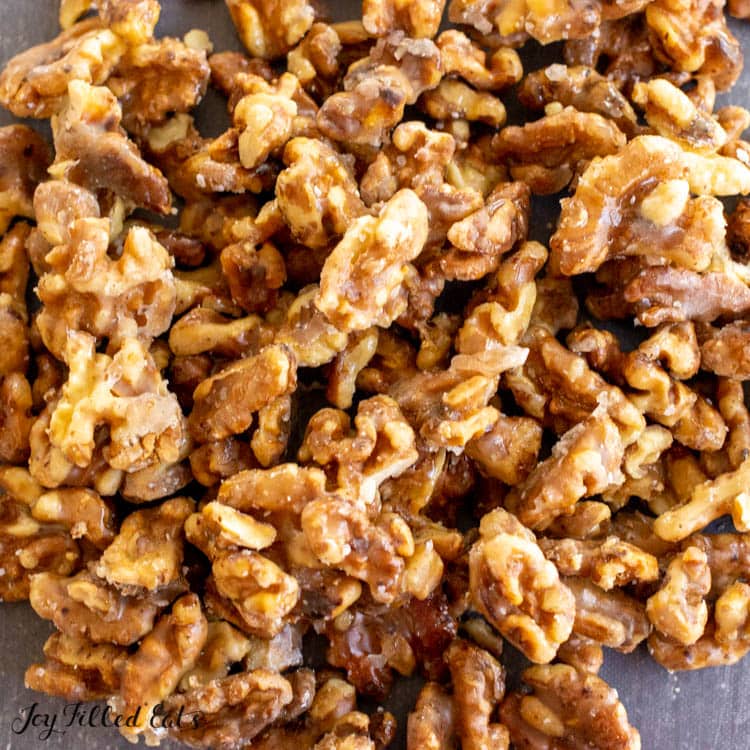 pile of keto candied walnuts close up