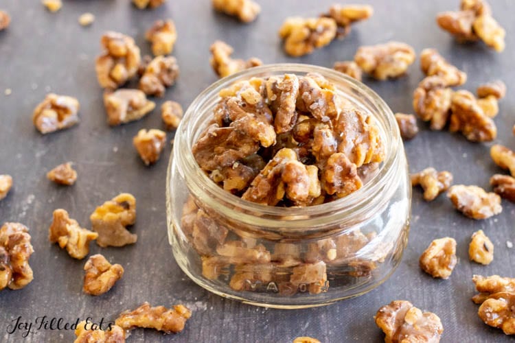 jar of keto candied walnuts from side