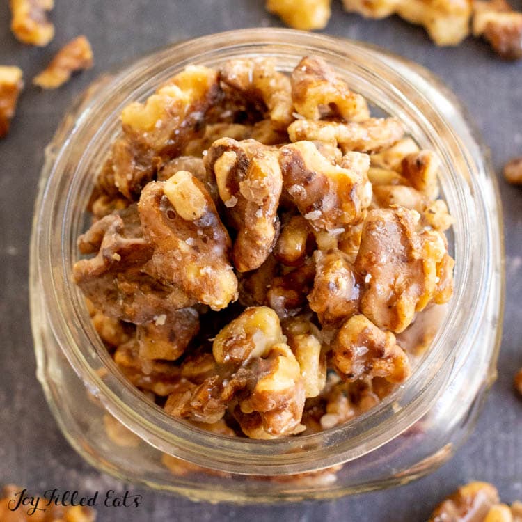 jar of keto candied walnuts seen from overhead