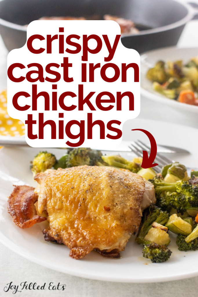 pinterest image for cast iron chicken thighs
