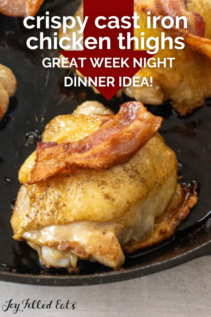 pinterest image for cast iron chicken thighs