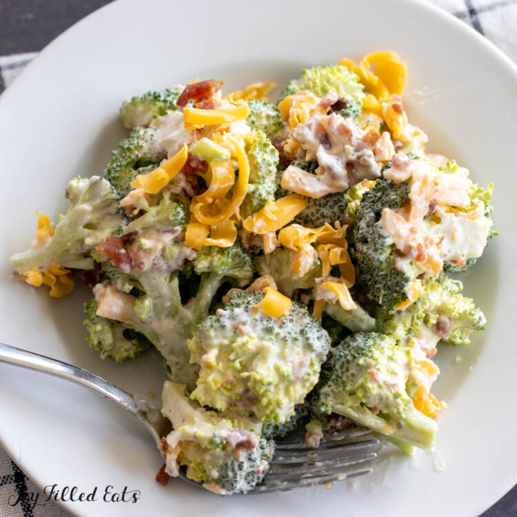 small plate with keto broccoli salad close up