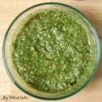 nut free pesto recipe in a small bowl from overhead