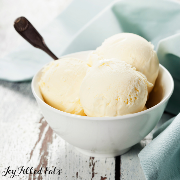 bowl of keto vanilla ice cream with a spoon