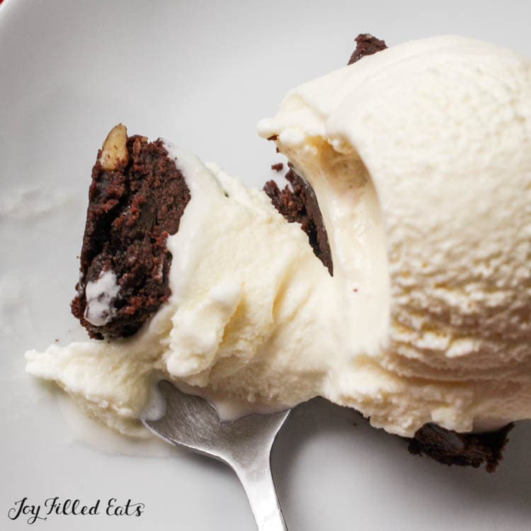 bite of brownie and ice cream on a fork