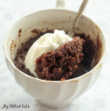 spoonful of keto mug brownie recipe with whipped cream in a mug