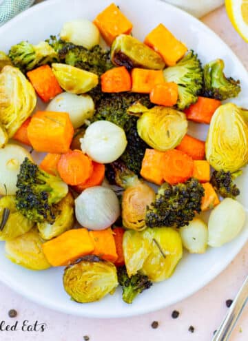 air fryer roast vegetables on plate from overhead