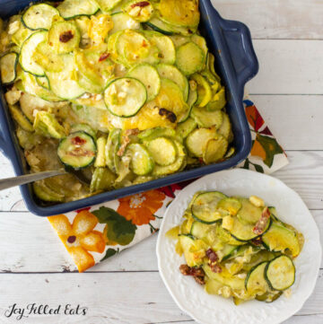 zucchini au gratin in baking dish and on plate