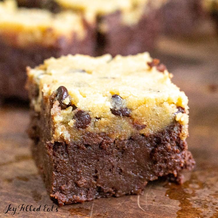 close up on one of the keto cookie dough brownies
