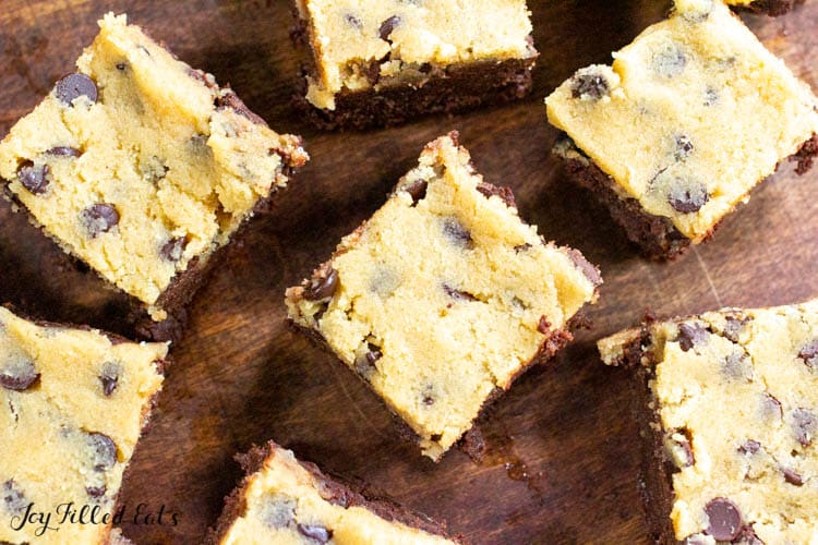 keto cookie dough brownies on wood surface from overhead