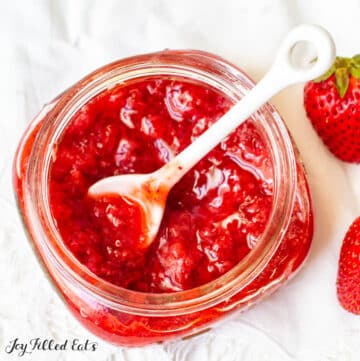 overhead shot of a jar of sugar free keto strawberry jam