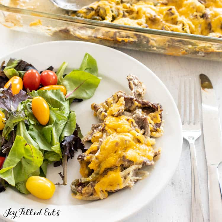 plate with low carb philly cheesesteak casserole recipe