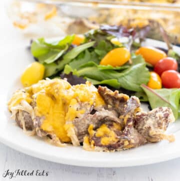 serving of low carb philly cheesesteak casserole recipe
