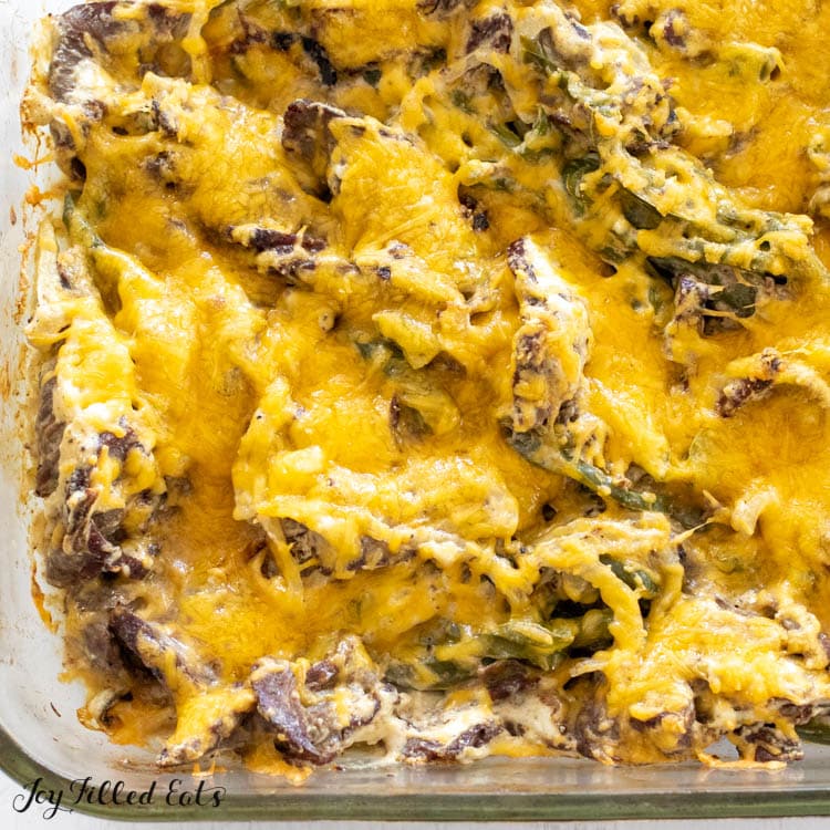 overhead shot of low carb keto philly cheesesteak casserole recipe