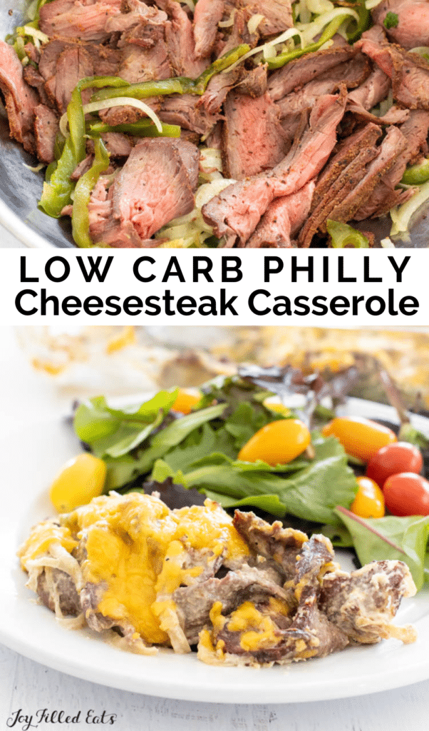pinterest image for low carb philly cheesesteak casserole