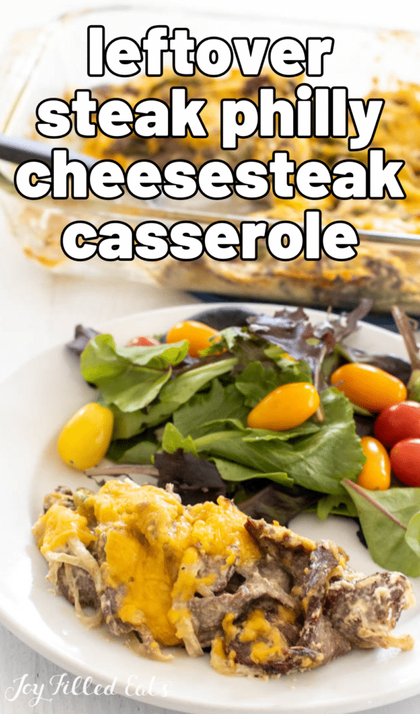 pinterest image for low carb philly cheesesteak casserole