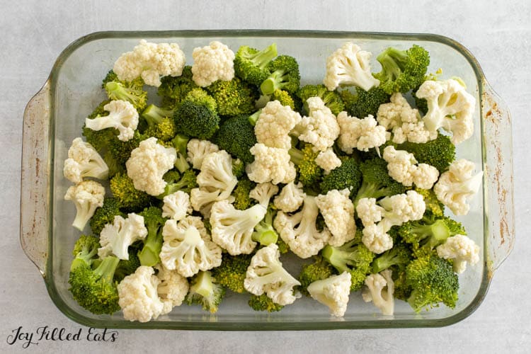 baking dish with broccoli and cauliflower