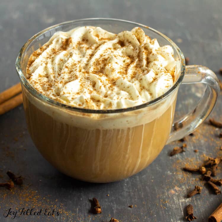 low carb chai tea latte made from chai tea powder topped with whipped cream