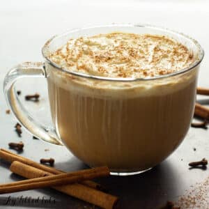 clear glass mug of keto chai tea latte made with instant chai mix