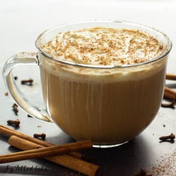 clear glass mug of keto chai tea latte made with instant chai mix