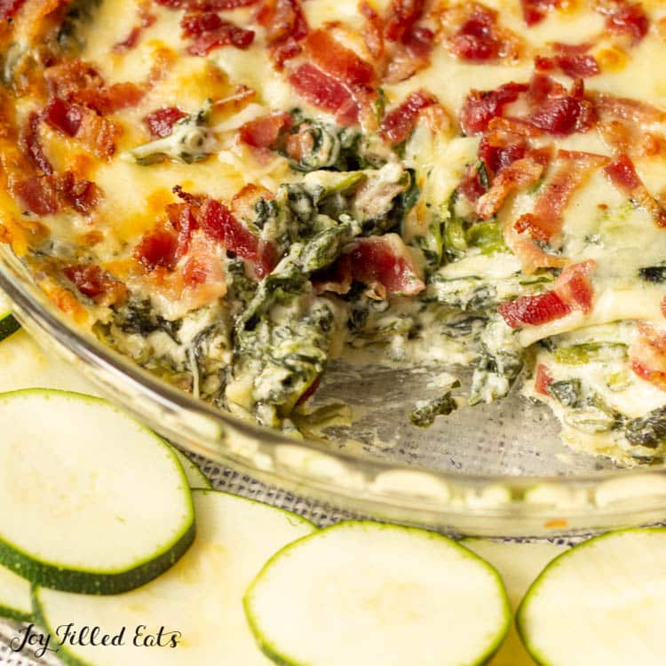 close up of keto spinach dip recipe in pie dish