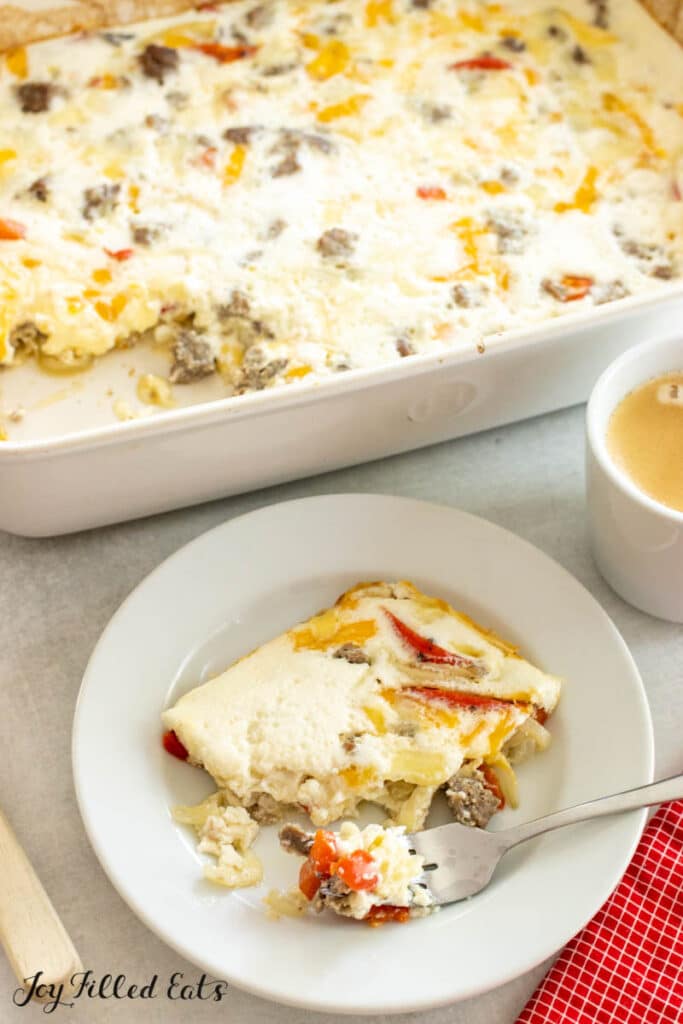 plate with egg white breakfast casserole recipe with bite on fork