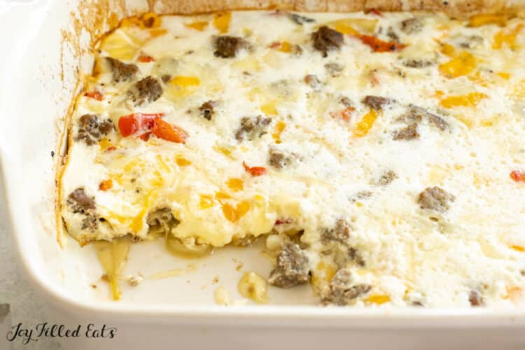 egg white breakfast casserole recipe in baking dish with piece missing