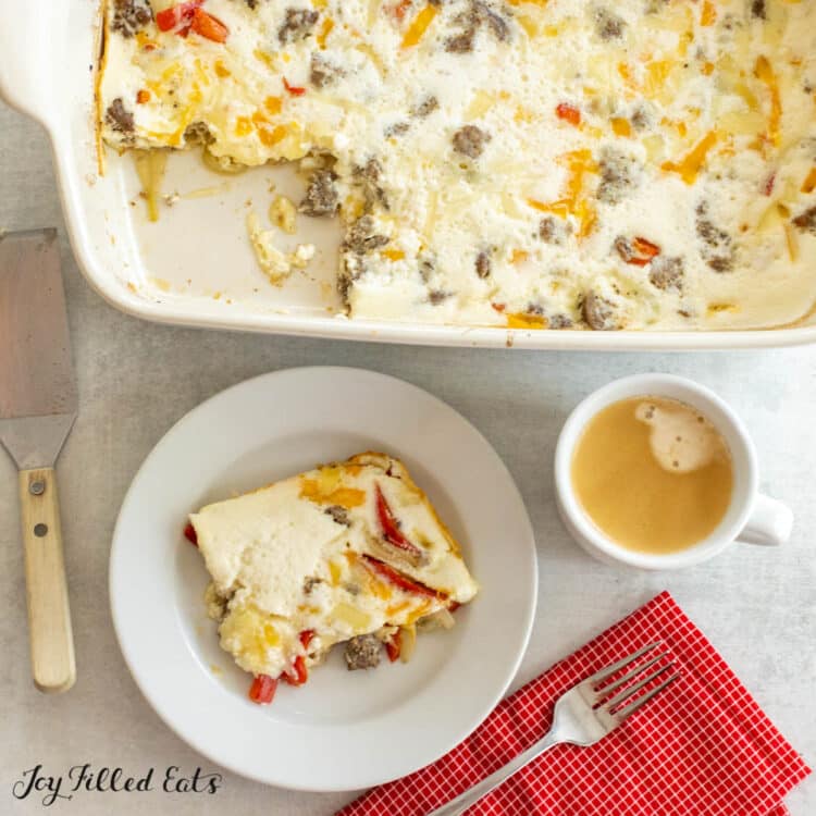 overhead shot of egg white breakfast casserole recipe in baking dish and served on plate