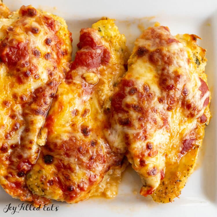 keto chicken parmesan recipe close up on a serving plate