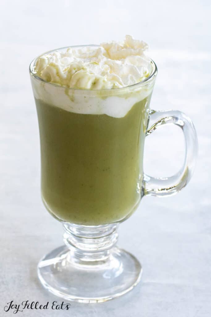 healthy matcha latte recipe shown in glass coffee cup